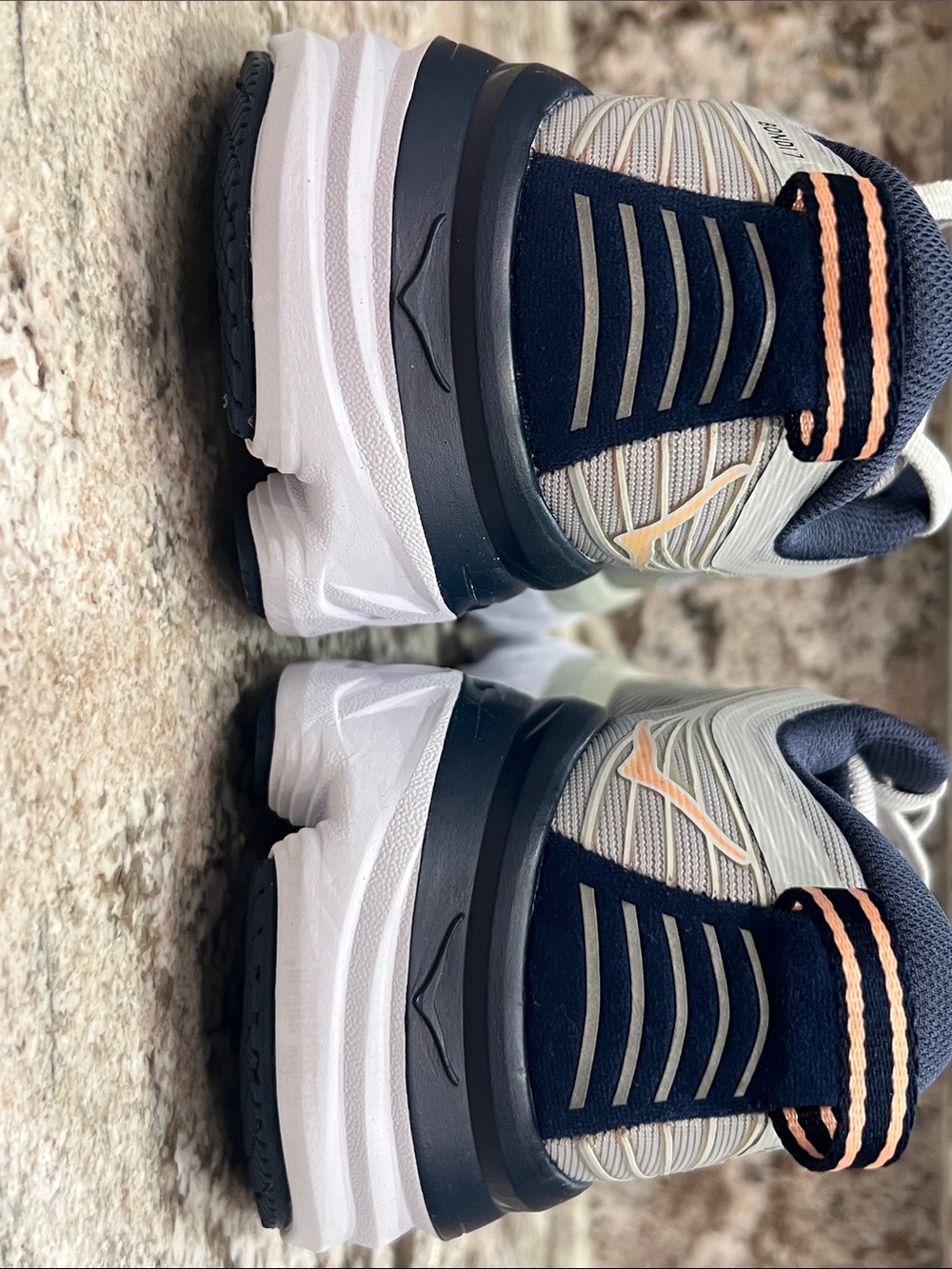 Hoka Women's Bondi 7 Sneakers in Light Gray, Navy & Peach - Picture 5 of 7